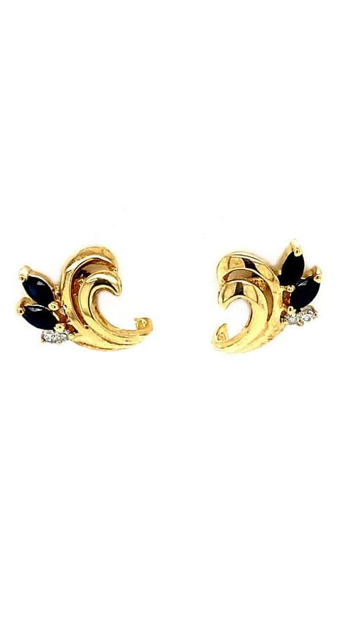 Vintage 14K Gold Fancy Stud Earrings with Diamond and Sapphire